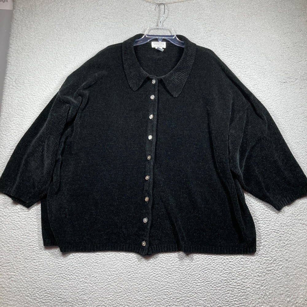 Venezia Vitale Sweater Womens 4X Black Chenille Button Front Collared Cardigan